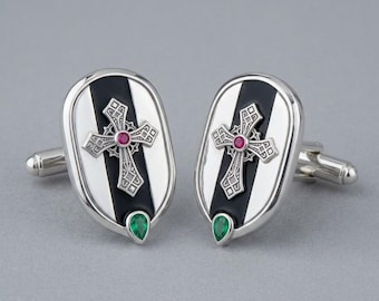 Boutons de manchette croix gothique en argent sterling, boutons de manchette écusson en émail noir, boutons de manchette de mariage pour homme, cadeau pour garçon d'honneur, fabriqués sur commande