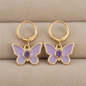 Sterling Silver Butterfly Huggie Hoops, Lavender Enamel, Purple Cubic Zirconia, Whimsigoth Jewelry image 1