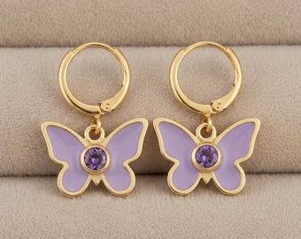 Butterfly Earrings Sterling Silver, Lavender Enamel Butterfly Huggie Hoops, Purple Gold Drop Earrings, Whimsigoth Jewelry, Made to Order