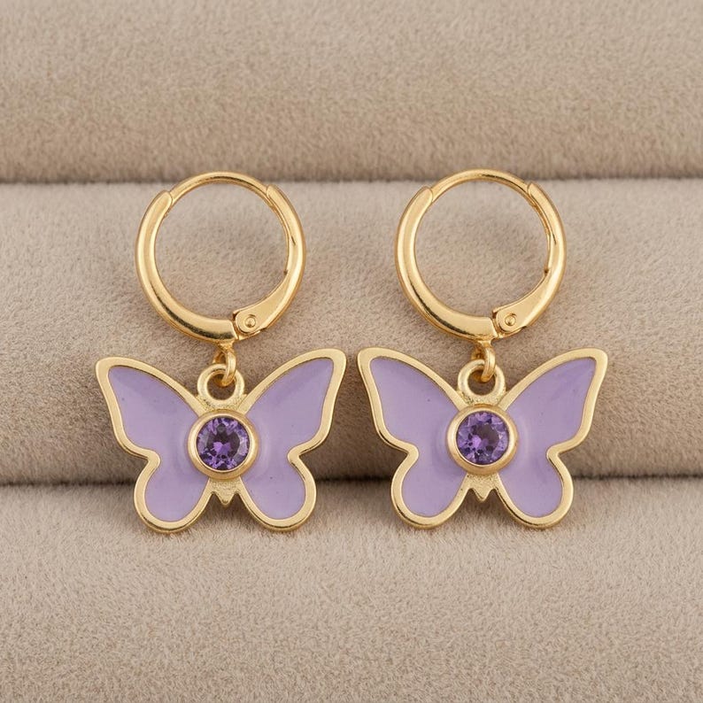Sterling Silver Butterfly Huggie Hoops, Lavender Enamel, Purple Cubic Zirconia, Whimsigoth Jewelry image 1