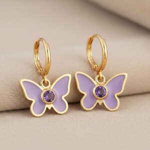 Sterling Silver Butterfly Huggie Hoops, Lavender Enamel, Purple Cubic Zirconia, Whimsigoth Jewelry image 2