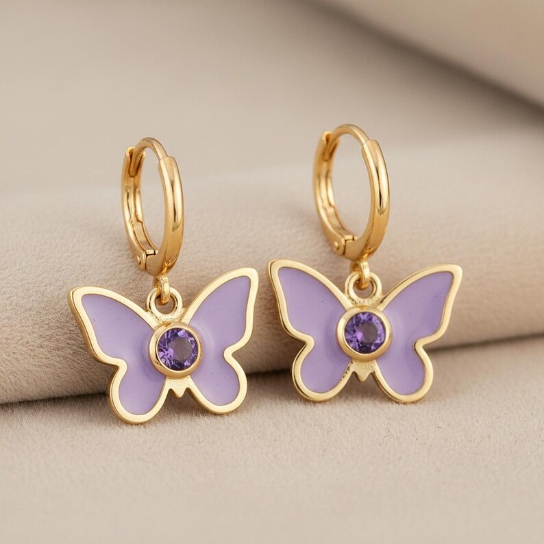Sterling Silver Butterfly Huggie Hoops, Lavender Enamel, Purple Cubic Zirconia, Whimsigoth Jewelry image 2