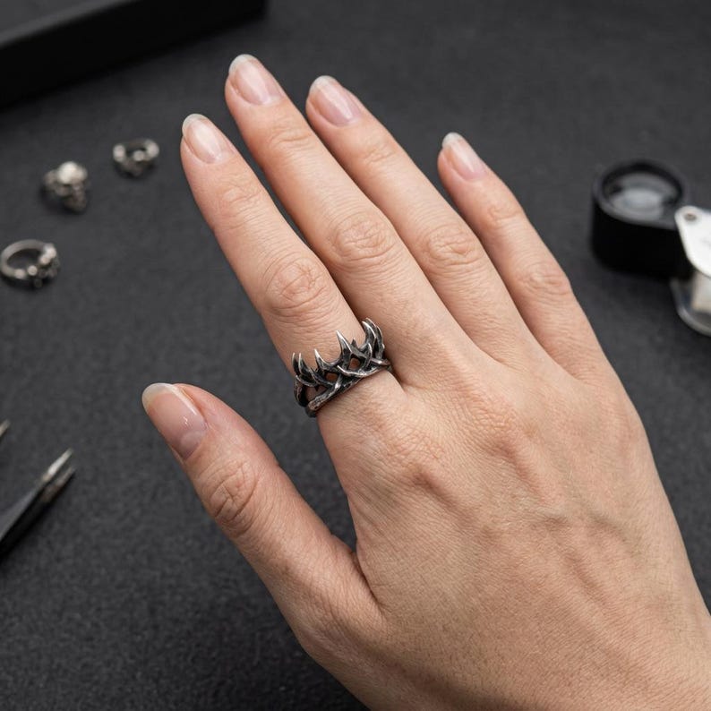 Sterling Silver Thorn Ring, Oxidized Gothic Crown of Thorns Band, Briar Statement Ring, Made to Order for Men and Women image 4