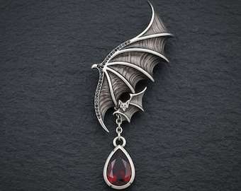 Boucle d'oreille aile de chauve-souris sans perçage, argent sterling, style gothique, boucle d'oreille vampire, pendentif rubis de laboratoire, style Whimsigoth, sur commande