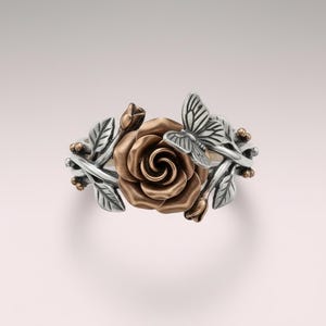 Schmetterlings-Rosen-Ring aus Sterlingsilber, zweifarbiger Blumenring in Roségold, Naturranken-Ring, Geschenk zum Schulabschluss oder Neubeginn, auf Bestellung gefertigt Bild 3