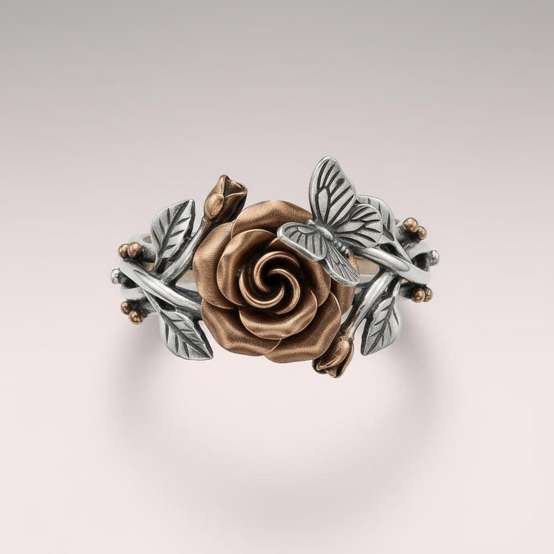 Schmetterlings-Rosen-Ring aus Sterlingsilber, zweifarbiger Blumenring in Roségold, Naturranken-Ring, Geschenk zum Schulabschluss oder Neubeginn, auf Bestellung gefertigt Bild 3