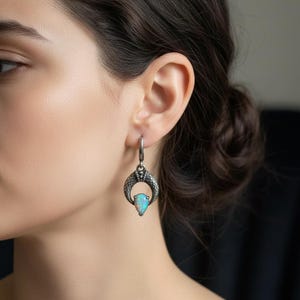 Opal Snake Earrings Sterling Silver, Oxidized Serpent Scale Huggie Hoop Dangles, Lab Created Opal Drops, Gothic Witchy Jewelry image 3