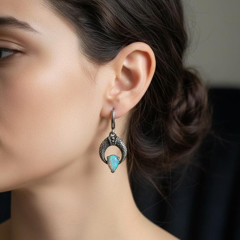 Opal Snake Earrings Sterling Silver, Oxidized Serpent Scale Huggie Hoop Dangles, Lab Created Opal Drops, Gothic Witchy Jewelry image 3