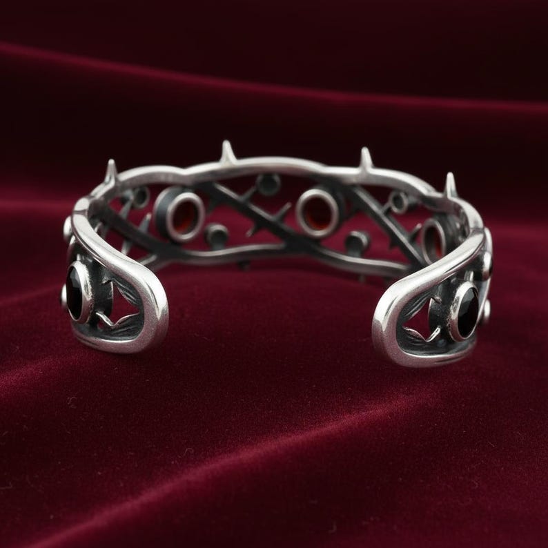 Thorn Cuff Bracelet in Sterling Silver — Oxidized Briar Branch Cuff with Lab-Created Red and Black Stones, Made to Order image 3