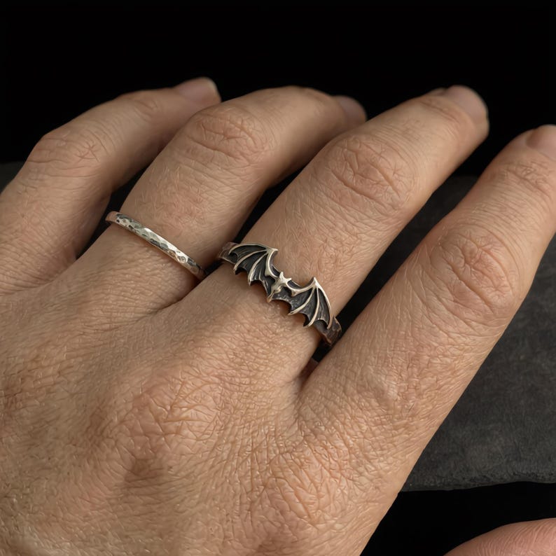 Bat Ring Sterling Silver, Gothic Bat Wing Band, Oxidized Hammered Stacking Ring, Made to Order image 3