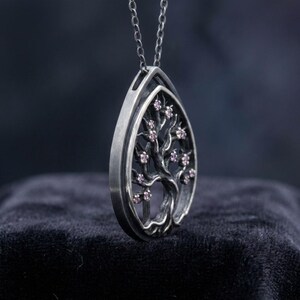 Sterling Silver Cherry Blossom Tree Necklace, Gothic Window Pendant with Pink Lab-Created Stones, Oxidized Teardrop, Made to Order image 4
