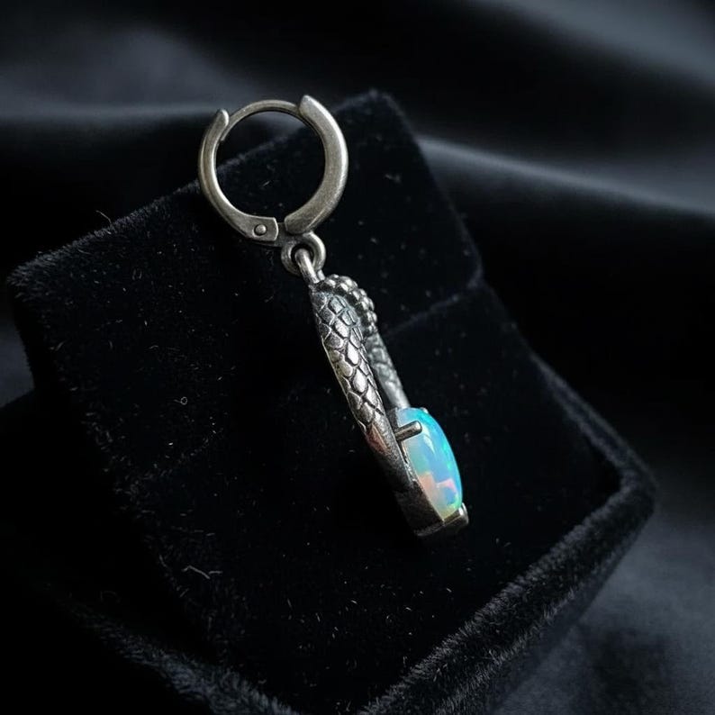 Opal Snake Earrings Sterling Silver, Oxidized Serpent Scale Huggie Hoop Dangles, Lab Created Opal Drops, Gothic Witchy Jewelry image 4