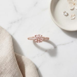 Morganite Engagement Ring Rose Gold, Blush Solitaire with Pave Band, Gilded Sterling Silver, Champagne Pink Promise Ring, Made to Order image 1