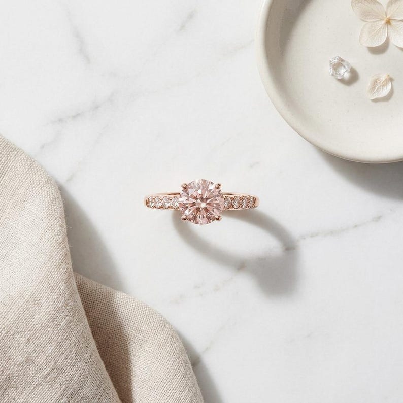 Morganite Engagement Ring Rose Gold, Blush Solitaire with Pave Band, Gilded Sterling Silver, Champagne Pink Promise Ring, Made to Order image 1