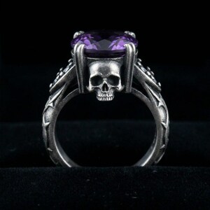 Sterling Silver Skull Ring, Amethyst Gothic Statement Ring, Oxidized Thorn Band, Mens Goth Ring, Memento Mori, Made to Order image 2