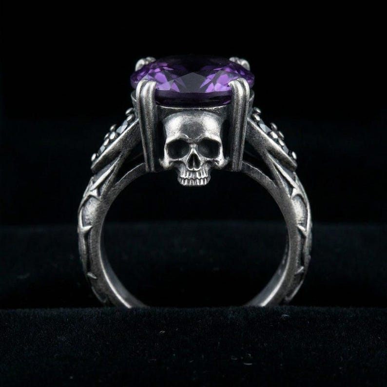 Sterling Silver Skull Ring, Amethyst Gothic Statement Ring, Oxidized Thorn Band, Mens Goth Ring, Memento Mori, Made to Order image 2
