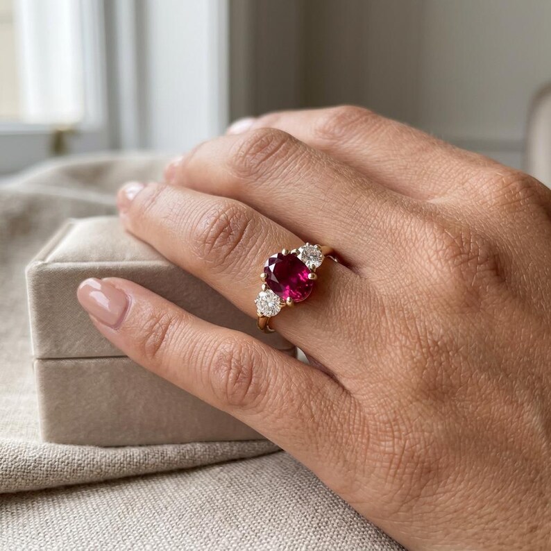 Bague trois pierres rubis, bague trilogie en argent doré, rubis de synthèse et saphir blanc, passé, présent, futur, pierre de naissance de juillet, sur commande image 2