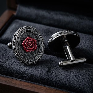 Rosenmanschettenknöpfe aus Sterlingsilber – oxidierte, gravierte Ovale mit Rosenrelief, gotische Hochzeitsmanschettenknöpfe, auf Bestellung gefertigt Bild 3
