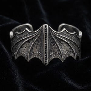 Bat Wing Cuff Bracelet Sterling Silver, Oxidized Gothic Statement Cuff, Black CZ Pave Spine, Vampire Goth Jewelry, Made to Order image 2