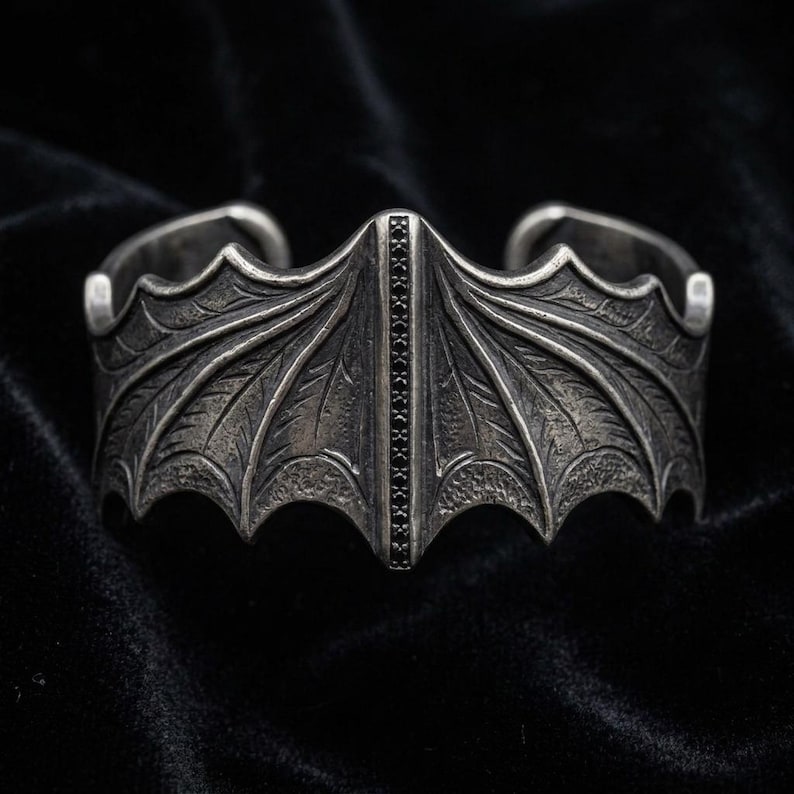 Bat Wing Cuff Bracelet Sterling Silver, Oxidized Gothic Statement Cuff, Black CZ Pave Spine, Vampire Goth Jewelry, Made to Order image 2