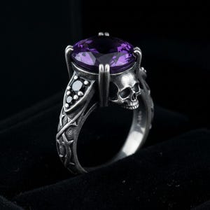 Sterling Silver Skull Ring, Amethyst Gothic Statement Ring, Oxidized Thorn Band, Mens Goth Ring, Memento Mori, Made to Order image 1