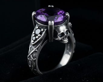 Bague tête de mort en argent sterling, bague gothique en améthyste, anneau en épines oxydées, bague gothique pour homme, Memento Mori, fabriquée sur commande