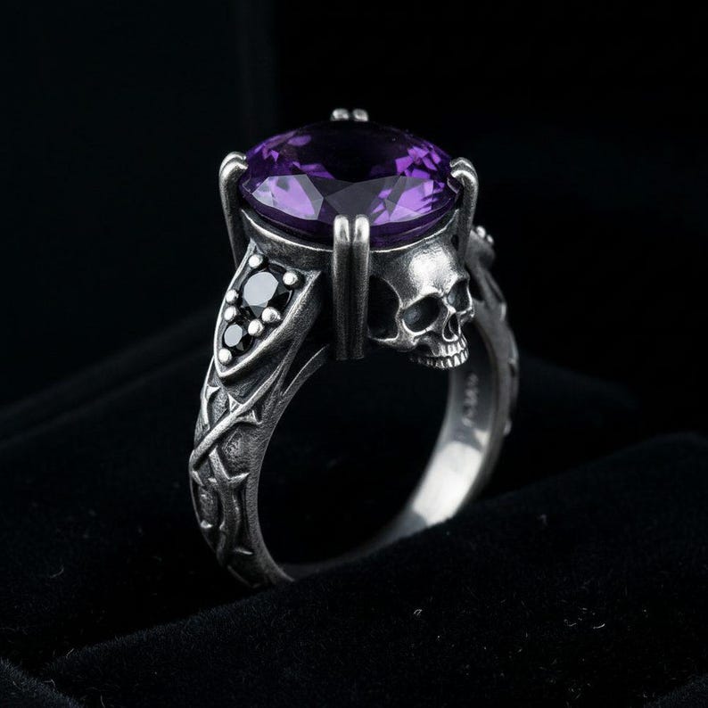 Sterling Silver Skull Ring, Amethyst Gothic Statement Ring, Oxidized Thorn Band, Mens Goth Ring, Memento Mori, Made to Order image 1