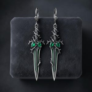 Gothic Thorn Dagger Earrings, Sterling Silver Briar Blades with Lab-Created Emerald, Oxidized, Made to Order image 3