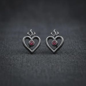 Flaming Heart Stud Earrings — Blackened Sterling Silver Sacred Heart Studs with Lab-Created Ruby, Made to Order image 3