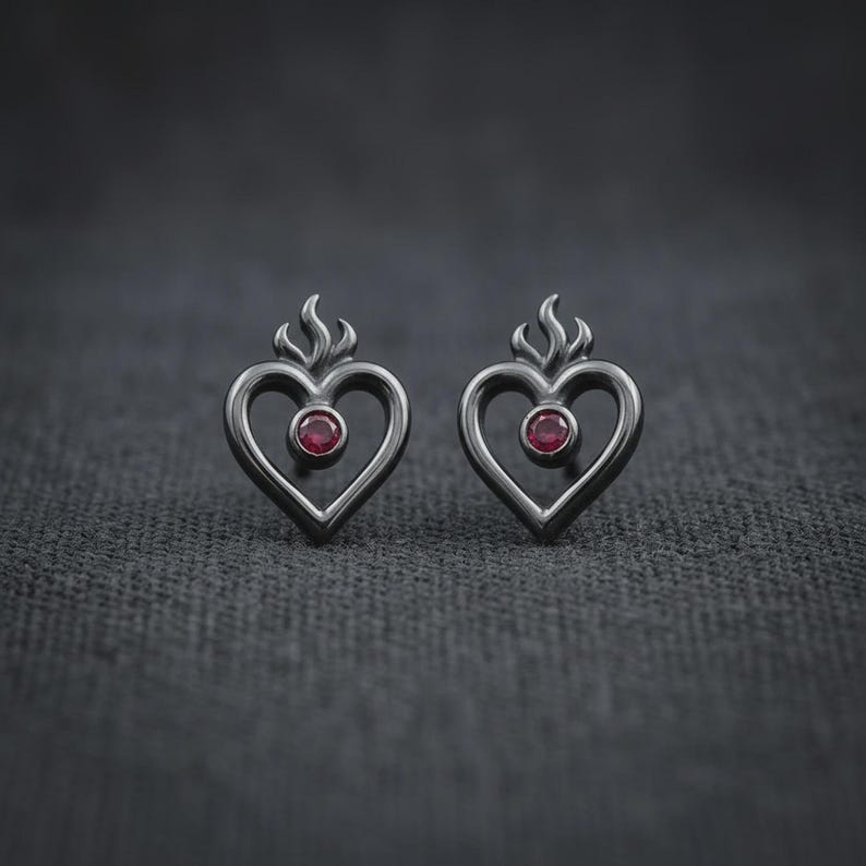 Flaming Heart Stud Earrings — Blackened Sterling Silver Sacred Heart Studs with Lab-Created Ruby, Made to Order image 3