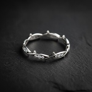 Gothic Wedding Band Women, Sterling Silver Thorn Vine Ring, White Diamond Oxidized Band, Alternative Wedding Ring, Made to Order image 2