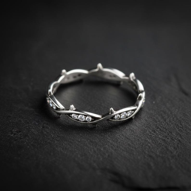 Gothic Wedding Band Women, Sterling Silver Thorn Vine Ring, White Diamond Oxidized Band, Alternative Wedding Ring, Made to Order image 2