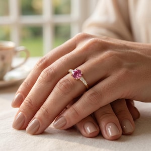 Pink Tourmaline Ring Gold, Accented Solitaire in Gilded Sterling Silver, Rose Stone Promise Ring, October Birthstone, Made to Order image 3