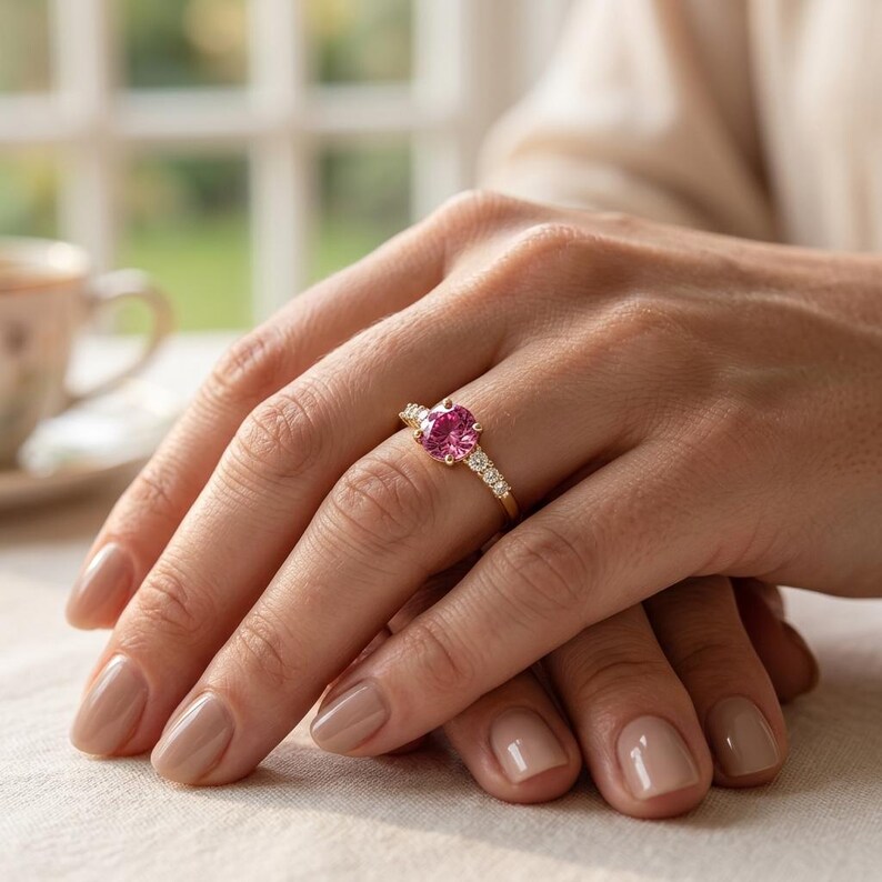 Pink Tourmaline Ring Gold, Accented Solitaire in Gilded Sterling Silver, Rose Stone Promise Ring, October Birthstone, Made to Order image 3