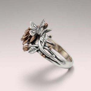 Schmetterlings-Rosen-Ring aus Sterlingsilber, zweifarbiger Blumenring in Roségold, Naturranken-Ring, Geschenk zum Schulabschluss oder Neubeginn, auf Bestellung gefertigt Bild 2