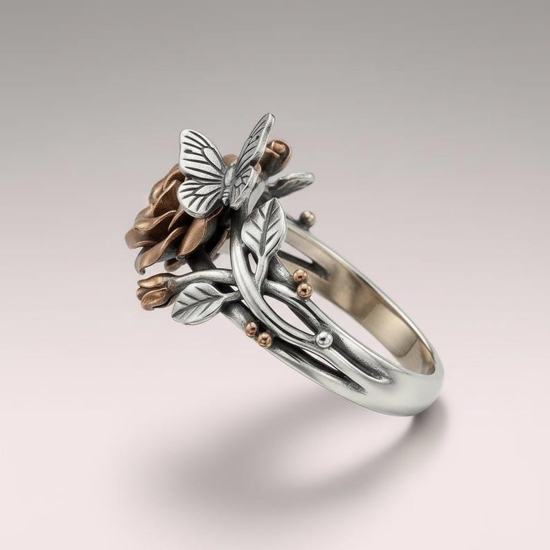 Schmetterlings-Rosen-Ring aus Sterlingsilber, zweifarbiger Blumenring in Roségold, Naturranken-Ring, Geschenk zum Schulabschluss oder Neubeginn, auf Bestellung gefertigt Bild 2