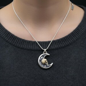 Memento Mori Skull and Crescent Moon Necklace, Oxidized Sterling Silver Pendant with Lab-Created Blue Stones, Made to Order image 3