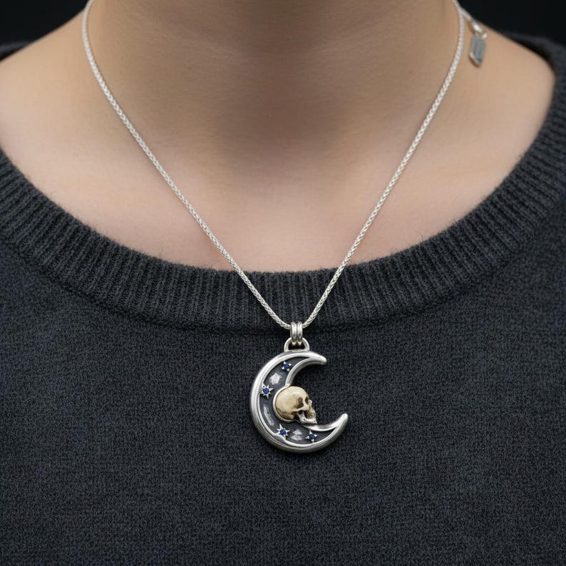 Memento Mori Skull and Crescent Moon Necklace, Oxidized Sterling Silver Pendant with Lab-Created Blue Stones, Made to Order image 3