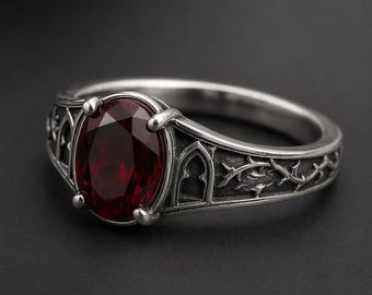 Bague gothique en argent sterling et grenat, bague cathédrale en pierre rouge, bague de vampire victorienne, style Dark Academia, bague de fiançailles alternative, sur commande