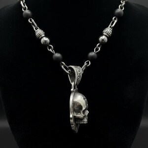 Mens Skull Necklace with Gothic Cross, Oxidized Sterling Silver Beaded Chain Necklace with Black Beads, Made to Order image 4