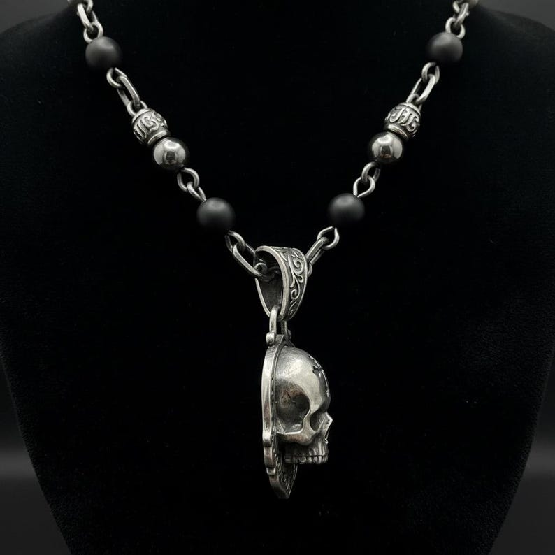 Mens Skull Necklace with Gothic Cross, Oxidized Sterling Silver Beaded Chain Necklace with Black Beads, Made to Order image 4