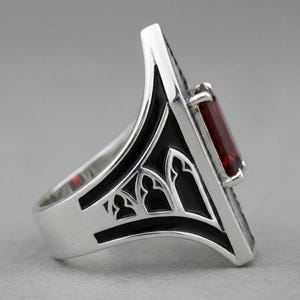 Sterling Silver Coffin Ring, Memento Mori Gothic Signet, Black Enamel Lab Ruby Statement Ring, Oxidized Mens Ring, Made to Order image 2
