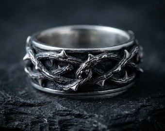 Alliance gothique pour homme, bague en argent sterling avec épines, anneau en bruyère oxydée et diamant noir, alliance alternative, fabriquée sur commande