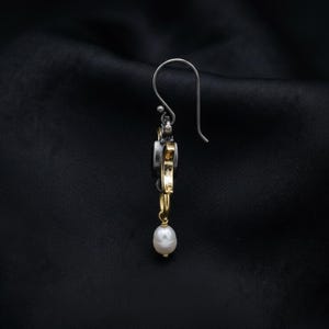Triple Moon Earrings in Sterling Silver — Gold-Gilded Crescents, Black Marquise Stone and Cultured Pearl Drop, Made to Order image 4