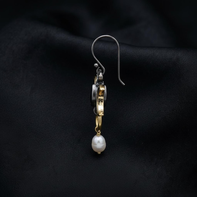 Triple Moon Earrings in Sterling Silver — Gold-Gilded Crescents, Black Marquise Stone and Cultured Pearl Drop, Made to Order image 4