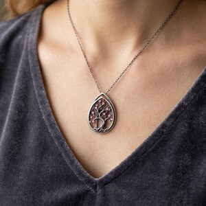 Sterling Silver Cherry Blossom Tree Necklace, Gothic Window Pendant with Pink Lab-Created Stones, Oxidized Teardrop, Made to Order image 2