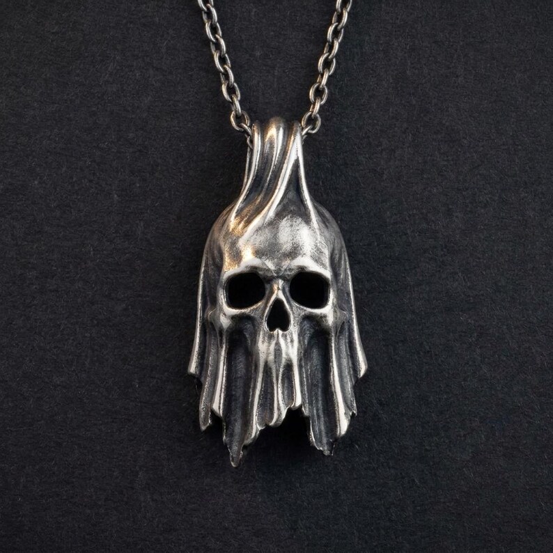 Sterling Silver Skull Pendant, Shrouded Memento Mori Necklace, Gothic Halloween Jewelry, Made to Order image 4