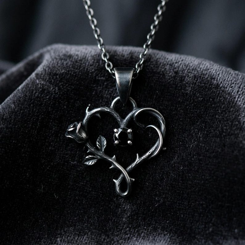 Thorn Heart Necklace — Oxidized Sterling Silver Briar Heart Pendant with Rose and Lab-Created Black Spinel, Made to Order image 1