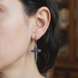 Gothic Cross Dagger Earrings — Oxidized Sterling Silver Drop Hoops with Black Cubic Zirconia, Made to Order image 2