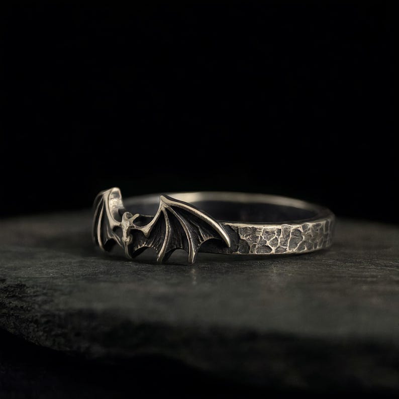 Bat Ring Sterling Silver, Gothic Bat Wing Band, Oxidized Hammered Stacking Ring, Made to Order image 1